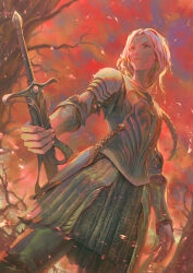  1girl absurdres armor backlighting blonde_hair braid breastplate elf fantasy from_below galadriel green_eyes highres holding holding_sword holding_weapon ivan-inagaki knife_sheath long_hair pointy_ears red_sky serious sheath sheathed shoulder_plates single_braid sky solo standing sword the_lord_of_the_rings tolkien&#039;s_legendarium tolkien's_legendarium tree upper_body weapon 