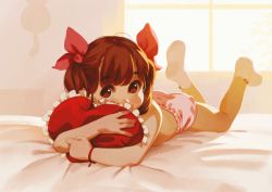  1girl alkemanubis bed_sheet blush brown_eyes brown_hair female_focus full_body hair_ribbon highres indoors loli long_hair looking_at_viewer lying hugging_object on_stomach original pillow pillow_hug red_ribbon ribbon short_hair socks solo topless twintails  rating:Questionable score:113 user:danbooru