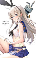  1girl bare_shoulders black_bow black_eyes black_hairband black_neckerchief black_panties blonde_hair blue_skirt blush bow commentary_request dated from_side hair_bow hairband hanako_(peanut) highleg highleg_panties highres kantai_collection looking_at_viewer neckerchief open_mouth panties rensouhou-chan shimakaze_(kancolle) shirt skirt solo torn_clothes torn_skirt underwear white_shirt 