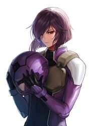  1girl absurdres black_bodysuit black_gloves blunt_ends bodysuit bodysuit_under_clothes bushi_shui_zi_ba chest_guard chinese_commentary commentary_request cosplay expressionless ghost_in_the_shell gloves gundam gundam_00 hair_over_one_eye helmet highres holding holding_helmet kusanagi_motoko normal_suit one_eye_covered purple_hair red_eyes short_hair sideways_glance simple_background solo tieria_erde tieria_erde_(cosplay) unworn_headwear unworn_helmet upper_body white_background 