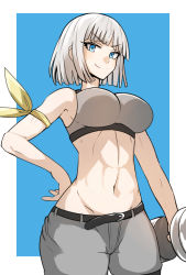 1girl abs armband bad_id bad_pixiv_id belt blue_background blue_eyes blunt_bangs bob_cut breasts dumbbell dumbbell_nan_kilo_moteru? gin_moku gina_boyd grey_shorts hand_on_own_hip highres large_breasts looking_at_viewer midriff navel outside_border short_hair shorts silver_hair simple_background smile solo split_mouth sports_bra standing rating:Sensitive score:50 user:danbooru