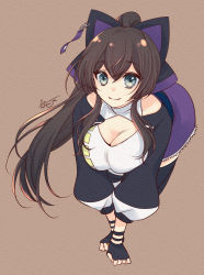 1girl all_fours animal_ears aqua_eyes artist_name assault_lily black_bow black_gloves black_thighhighs bow breasts breasts_squeezed_together brown_background brown_hair cat_ears cleavage cleavage_cutout closed_mouth clothing_cutout commentary crossed_bangs fake_animal_ears fingerless_gloves floating_hair foreshortening full_body gloves hair_between_eyes hair_bow high_ponytail highres long_hair long_sleeves looking_at_viewer medium_breasts miniskirt official_alternate_costume pony_(animal) puffy_long_sleeves puffy_sleeves purple_bow purple_skirt serizawa_chikaru shirt shrug_(clothing) sidelocks simple_background skirt sleeveless sleeveless_shirt smile solo takemiya_jin thighhighs two-tone_bow very_long_hair white_shirt wristband zettai_ryouiki rating:Sensitive score:0 user:danbooru