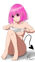  1girl absurdres anus armpits artist_name ass barefoot breasts collarbone covered_erect_nipples demon_girl demon_tail full_body groin hair_between_eyes highres knee_up legs looking_at_viewer medium_breasts medium_hair momo_velia_deviluke no_pants panties pink_eyes pink_hair purple_eyes pussy short_hair simple_background sitting smile solo tail thigh_gap thighs to_love-ru to_love-ru_darkness underwear vaginal white_background white_panties  rating:Explicit score:2 user:gcobs179987