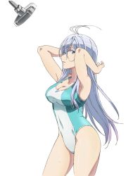  1girl 86_-eightysix- antenna_hair arms_behind_head breasts cleavage competition_swimsuit covered_navel from_side grey_hair highres large_breasts looking_at_viewer official_art one-piece_swimsuit shower_head showering swimsuit vladilena_millize white_background  rating:Sensitive score:58 user:sorazyx