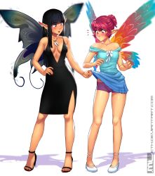  2girls absurdres anklet bare_shoulders black_dress black_hair blue_dress blush boyshort_panties breasts butterfly_wings cleavage clothes_lift clothes_pull collarbone commentary dress dress_lift dress_pull earrings erylia_(mleth) facial_mark fairy fairy_wings female_focus flats frown full_body gluteal_fold hair_bun hand_on_own_hip high_heels highres hime_cut hoop_earrings insect_wings jewelry jitome keraan_(mleth) lifting_another&#039;s_clothes lipstick looking_at_another makeup medium_breasts mleth multiple_girls nail_polish necklace off-shoulder_dress off_shoulder original panties pink_eyes pink_hair plunging_neckline pointy_ears purple_panties scar scar_across_eye scar_on_face shadow short_dress shorts_under_dress side_slit sideboob single_hair_bun small_breasts standing tareme toenail_polish toenails tooth_necklace underwear watermark web_address white_background wings 