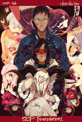  10s 2013 antlers bad_id bad_pixiv_id bandages black_sclera blonde_hair blood blood_on_face blue_eyes brothers bug butterfly camera character_name collar colored_sclera copyright_name covered_eyes dark_skin dated english_text facial_mark forehead_mark gloves green_eyes heterochromia horns insect jotman kurogomu logo long_hair monster multiple_boys multiple_girls pink_hair scp-040 scp-049 scp-073 scp-076-2 scp-105 scp-131 scp-173 scp-239 scp-408 scp-682 scp-784-arc scp_foundation sharp_teeth short_hair siblings skull smile sweatdrop tattoo teeth twintails yellow_eyes  rating:Sensitive score:20 user:danbooru