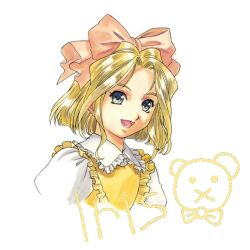 1girl :x bad_tag blonde_hair blue_eyes bow bowtie character_name child chin collar dress english_text frilled_dress frills hair_bow highres iris_chateaubriand matsubara_hidenori nose official_art open_mouth parted_bangs pink_bow puffy_sleeves ribbon-trimmed_collar ribbon_trim sakura_taisen short_hair signature simple_background solo stuffed_animal stuffed_toy teddy_bear third-party_source traditional_bowtie white_background white_collar white_sleeves yellow_dress