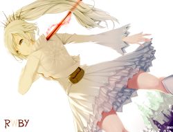 1girl artist_name castle copyright_name dress dutch_angle from_behind glowing glowing_sword glowing_weapon grey_eyes hews highres jewelry long_hair ponytail pouch rapier rwby scar signature solo sword weapon weiss_schnee white_background white_dress white_hair  rating:Sensitive score:28 user:danbooru