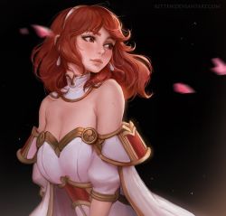 1girl armor bare_shoulders breasts brown_hair cape celica_(fire_emblem) cleavage dress fire_emblem fire_emblem_echoes:_shadows_of_valentia gloves jewelry kittew large_breasts long_hair nintendo red_armor red_eyes smile solo tiara upper_body wavy_hair white_armor rating:Sensitive score:88 user:danbooru