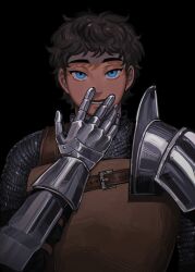  1boy absurdres armor black_background brown_hair chainmail commentary dark-skinned_male dark_skin dungeon_meshi english_commentary gauntlets hand_to_own_mouth hand_up highres joko_boo kabru looking_at_viewer male_focus open_mouth pauldrons short_hair shoulder_armor simple_background single_pauldron upper_body yellow_eyes 