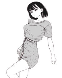  1girl bad_id bad_pixiv_id black_hair breasts collarbone dende_(dndn222) dress earrings greyscale hair_behind_ear highres jewelry knee_up large_breasts looking_at_viewer monochrome original plaid_belt scan scan_artifacts shirt short_hair solo standing traditional_media 
