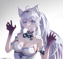  1girl ahoge animal_ear_fluff animal_ears bad_hands bare_shoulders blue_eyes breasts cat_ears chinese_commentary claw_pose cleavage commentary_request detached_collar detached_sleeves dress gradient_background grey_background hands_up highres honkai_(series) honkai_impact_3rd kiana_kaslana kiana_kaslana_(herrscher_of_finality) large_breasts long_hair ponytail short_sleeves smile solo strapless strapless_dress upper_body very_long_hair white_dress white_hair xiaoba_(782286949) 