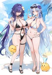  2girls absurdres alsace_(azur_lane) alsace_(heat_beating_summer_sacrament)_(azur_lane) azur_lane bare_shoulders bikini black_footwear black_one-piece_swimsuit blue_eyes blue_hair blue_sky breasts choker clothing_cutout cloud cloudy_sky commentary_request day detached_collar eyewear_on_head flower food food_in_mouth full_body gompang_11 hair_flower hair_ornament hair_over_one_eye hand_on_own_hip highres korean_commentary large_breasts light_blue_hair long_hair looking_at_viewer manjuu_(azur_lane) mogador_(azur_lane) mogador_(locker_room_lechery)_(azur_lane) mole mole_on_breast multiple_girls navel navel_cutout official_alternate_costume one-piece_swimsuit open_mouth outdoors palm_leaf popsicle popsicle_in_mouth sandals skindentation sky smile standing stomach sunglasses swimsuit thigh_strap v very_long_hair white_bikini 