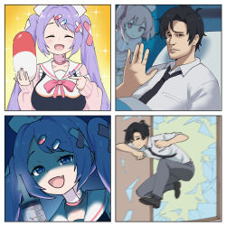  1boy 2girls absurdres ai-generated_art_(topic) ai_angry_doctor_mario_(meme) autodefenestration bandaid bandaid_hair_ornament black_necktie blue_archive breaking_through_window closed_eyes glass_shards hair_ornament hanae_(blue_archive) hand_up hat highres holding lying meme multiple_girls necktie nurse nurse_cap one_side_up parallelrey pill pill_hair_ornament pink_hair purple_hair sensei_(blue_archive) sensei_(blue_archive_the_animation) serina_(blue_archive) syringe under_covers 