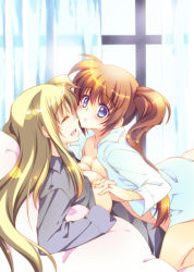  2girls bed blonde_hair blue_eyes blush breasts brown_hair cleavage couple eye_contact closed_eyes face-to-face fate_testarossa happy holding_hands interlocked_fingers long_hair long_sleeves looking_at_another lying lyrical_nanoha mahou_shoujo_lyrical_nanoha mahou_shoujo_lyrical_nanoha_strikers multiple_girls open_clothes open_shirt parted_lips shirt side_ponytail smile takamachi_nanoha tama_two_(fukuya) white_shirt window yuri 