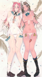  2girls animal_ears bad_id bad_pixiv_id between_thighs bikini blue_sailor_collar blush boots brown_eyes brown_hair carrot cat_ears cat_tail covered_navel front-tie_top gloves green_eyes highres long_hair mole multiple_girls navel one-piece_swimsuit original pigeon-toed pink_hair rabbit_ears sailor_collar school_swimsuit side-tie_bikini_bottom socks striped_bikini striped_clothes swimsuit tail tazuma_(u283) u283 wavy_mouth white_gloves white_one-piece_swimsuit white_school_swimsuit 