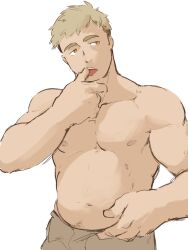  1boy bara belly blonde_hair dungeon_meshi highres laios_touden male_focus nipples open_mouth pants piikeisandaa plump simple_background solo stomach topless_male upper_body white_background 