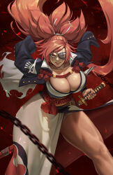  1girl angry baiken black_jacket breasts chain cleavage eyepatch guilty_gear guilty_gear_xrd highres holding holding_sword holding_weapon jacket japanese_clothes kimono large_breasts long_hair looking_at_viewer pink_hair ponytail red_eyes rim_jims samurai scar scar_across_eye solo sword thick_thighs thighs weapon white_kimono 