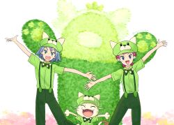  1boy 1girl :d bewear blue_eyes blue_hair blush bow bowtie clothed_pokemon commentary_request creatures_(company) earrings game_freak gen_1_pokemon gen_7_pokemon green_bow green_bowtie green_eyes green_hat green_pants green_shirt hat james_(pokemon) jessie_(pokemon) jewelry looking_at_viewer meowth nintendo open_mouth outstretched_arms pants pokemon pokemon_(anime) pokemon_(creature) pokemon_sm_(anime) rikovui shirt short_hair short_sleeves smile suspenders 
