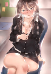 1girl absurdres bababababan bad_id bad_pixiv_id black_bra black_skirt blazer window_blinds blurry blurry_background blush bra breasts brown_eyes brown_hair chair cleavage collarbone collared_shirt crossed_legs depth_of_field desk dress_shirt formal from_above hair_between_eyes highres jacket large_breasts long_hair looking_at_viewer miniskirt open_clothes open_shirt original paper parted_lips pen pencil_skirt shirt sitting skirt sticky_note teacher thighs underwear white_shirt rating:Sensitive score:22 user:danbooru