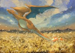  animal_focus blue_eyes charizard claws closed_mouth cloud cloudy_sky creatures_(company) embers fangs flame-tipped_tail flying full_body game_freak gen_1_pokemon grey_sky highres nintendo no_humans outdoors pokemon pokemon_(creature) sky solo volpecorvo wheat_field 