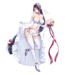 1girl anklet armlet bare_shoulders blush bouquet breasts bridal_veil cleavage covered_erect_nipples crystal detached_collar dress elbow_gloves fate/grand_order fate_(series) flower full_body garter_straps gloves hair_flower hair_ornament high_heels jewelry large_breasts long_hair looking_at_viewer low-tied_long_hair midriff minamoto_no_raikou_(fate) miniskirt navel parted_bangs pink_flower pink_rose purple_eyes purple_flower purple_footwear purple_hair purple_rose rose sayika skirt solo thighhighs veil very_long_hair wedding_dress white_flower white_gloves white_rose white_skirt rating:Questionable score:84 user:danbooru