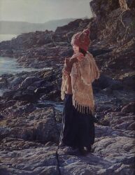  beanie blue_dress brown_hair cliff day dress hat naohiro_ito ocean original realistic rock scenery shadow shore sunlight water 