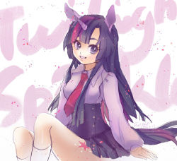 1girl animal_ears character_name dated flyleaf grin horns long_hair multicolored_hair my_little_pony my_little_pony:_friendship_is_magic necktie personification purple_eyes purple_hair signature single_horn sitting skirt smile streaked_hair tattoo twilight_sparkle rating:Sensitive score:29 user:danbooru