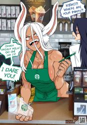 2girls absurdres animal_ear_fluff animal_ears apron artist_request banana blue_eyes blush boku_no_hero_academia breasts cafe cleavage coffee_maker commentary counter covered_erect_nipples cup dark-skinned_female dark_skin english_commentary english_text female_focus food fruit highres iced_latte_with_breast_milk_(meme) large_breasts leaning_forward looking_back meme midnight_(boku_no_hero_academia) mirko moekaki69 multiple_girls muscular muscular_female naked_apron open_mouth patreon_logo patreon_username pen poster_(object) qr_code rabbit_ears rabbit_girl red_eyes speech_bubble starbucks starbucks_siren teeth white_hair rating:Questionable score:138 user:danbooru
