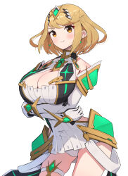  1girl absurdres alternate_hair_length alternate_hairstyle arm_guards arms_under_breasts backless_dress backless_outfit bare_legs bare_shoulders blonde_hair bob_cut breasts chest_jewel cleavage cleavage_cutout clothing_cutout core_crystal_(xenoblade) crossed_arms dress drop_earrings earrings elbow_gloves gloves gluteal_fold gonzarez highres jewelry large_breasts microdress mythra_(xenoblade) short_hair simple_background solo swept_bangs thigh_strap tiara white_background white_dress white_gloves xenoblade_chronicles_(series) xenoblade_chronicles_2 yellow_eyes  rating:Sensitive score:9 user:RIG