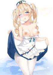  1girl absurdres bandaid bandaids_on_nipples barbara_(genshin_impact) bare_shoulders blonde_hair blue_eyes blush bow bowtie breasts cleavage clothes_lift covered_erect_nipples cross dress genshin_impact hat highres lifting_own_clothes long_sleeves looking_at_viewer medium_breasts nipples open_mouth pantyhose pasties skirt skirt_lift smile solo strapless strapless_dress twintails white_dress white_pantyhose  rating:Questionable score:53 user:danbooru