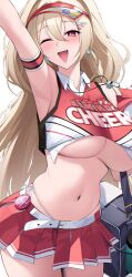  1girl ;d absurdres arm_strap arm_up armpits badge bag bare_shoulders belt belt_buckle blonde_hair blush bottle breasts buckle button_badge buttons cheerleader clay_(nikke) clothes_writing collared_shirt commentary cowboy_shot crop_top earrings fang goddess_of_victory:_nikke hair_between_eyes hair_ornament hairclip highleg highleg_panties highres jewelry large_breasts long_bangs long_hair looking_at_viewer midriff miniskirt navel no_bra one_eye_closed open_mouth outstretched_arm panties panty_straps pink_eyes pleated_skirt pom_pom_(cheerleading) red_shirt red_skirt revision shirt shoulder_bag side-tie_panties simple_background skirt sleeveless sleeveless_shirt smile smiley_face solo standing stomach string_panties tassel tassel_earrings teeth towel two-tone_shirt two_side_up unbuttoned underboob underwear upper_teeth_only very_long_hair visor_cap whistle whistle_around_neck white_background white_belt white_panties white_shirt ziroqon 