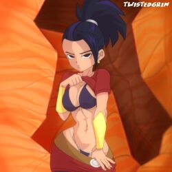 1girl abs animated artist_name black_hair blush bra breasts clothes clothes_lift clothes_pull cowboy_shot day dragon_ball dragon_ball_super earrings embarrassed female_focus furrowed_brow groin half-closed_eyes hoop_earrings jewelry kale_(dragon_ball) lifted_by_self long_hair looking_at_viewer medium_breasts narrow_waist navel orange_background outdoors panties ponytail pulled_by_self purple_bra purple_hair purple_panties red_shirt shirt short_hair short_sleeves solo toned_female twistedgrim underwear v-shaped_eyebrows video rating:Questionable score:181 user:Vardigiil