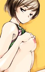 1girl atlus bad_id bad_pixiv_id bare_shoulders blush bra breast_suppress breasts brown_eyes brown_hair covered_erect_nipples embarrassed legs lingerie lips looking_at_viewer medium_breasts mike156 navel nipples perky_breasts persona persona_4 satonaka_chie short_hair solo tank_top tomboy underwear undressing rating:Questionable score:111 user:danbooru