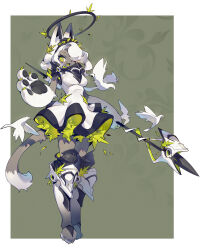  1girl :3 absurdres animal_ears animal_hands armor barefoot bird black_hairband black_trim body_fur border bright_pupils cat_ears cat_girl cat_tail claws colored_tongue diamond-shaped_pupils diamond_(shape) dress fang fewer_digits frilled_sleeves frills full_body furry furry_female greaves green_background green_eyes green_tongue grey_fur hair_ornament hair_over_one_eye hairband halo highres holding holding_polearm holding_weapon knee_pads legs_together looking_at_viewer medium_hair one_eye_covered open_mouth original outside_border pawpads polearm shiiorina simple_background smile solo standing stirrup_legwear swept_bangs symbol-shaped_pupils tail toeless_legwear two-sided_fabric wavy_hair weapon white_bird white_border white_dress white_hair white_pupils 