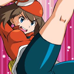 1girl angry arm_up bag bandana bike_shorts blue_eyes breasts brown_hair creatures_(company) fanny_pack female_focus game_freak gomatarou_(pixiv196136) kneepits leg_up light_particles looking_at_viewer lowres may_(pokemon) medium_breasts nintendo open_mouth pink_background pokemon pokemon_(anime) pokemon_rse red_shirt round_teeth shirt short_hair short_sleeves skin_tight solo sweatdrop teeth yellow_bag rating:Questionable score:59 user:Perv-Ultra