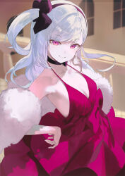  1girl bare_shoulders black_hairband blue_archive blush breasts choker dress fur_shawl hairband halo highres long_hair looking_at_viewer mutsuki_(blue_archive) mutsuki_(dress)_(blue_archive) official_alternate_costume purple_eyes red_dress salmon88 shawl small_breasts smile solo swept_bangs white_hair 