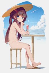  1girl ? barefoot bikini blue_background blue_eyes blue_sky blunt_bangs blush_stickers breasts brown_hair brown_hat chair cloud cup day dot_nose drinking_glass elbow_rest expressionless eyewear_on_head feet female_focus freckles from_side full_body gradient_background hat head_rest highres jitome legs liely loli long_hair looking_at_viewer lowleg lowleg_bikini micro_bikini navel original outdoors shadow sitting sky small_breasts solo stool sun_hat sunglasses swimsuit table thighs toes twintails two-tone_background white_background white_bikini  rating:Questionable score:209 user:danbooru