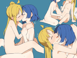  2girls :o ahoge arm_support blonde_hair blue_hair blush bocchi_the_rock! closed_eyes coldcat. collarbone completely_nude covering_own_mouth cropped_legs earrings fingering flat_chest flat_color hair_between_eyes hair_ornament hairclip hand_around_neck highres holding_another&#039;s_wrist ijichi_nijika jewelry kiss kissing_neck leaning_to_the_side long_bangs long_hair mole mole_under_eye multiple_girls multiple_views nose_blush nude open_mouth pillow short_hair side_ponytail sidelocks sitting sitting_on_lap sitting_on_person spread_legs stud_earrings sweat tearing_up tribadism yamada_ryo yuri  rating:Explicit score:203 user:danbooru