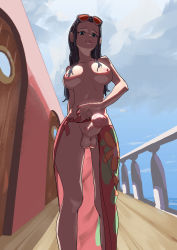 1futa absurdres black_hair breasts clothes clothes_grab erection fu7444 futanari highres large_breasts large_penis looking_at_viewer nico_robin nipples one_piece penis solo sunglasses sunglasses_on_head testicles topless rating:Explicit score:77 user:SlayDash