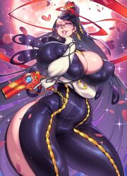  1girl alternate_breast_size bayonetta bayonetta_(series) bayonetta_1 beehive_hairdo black_bodysuit black_hair bodysuit breasts cleavage commission covered_erect_nipples cropped_legs earrings eyeshadow finger_to_mouth glasses gofa gradient_background gun half-closed_eyes handgun highres huge_breasts jewelry lips looking_at_viewer makeup mole mole_under_mouth partially_unzipped smile solo standing thick_thighs thighs weapon 