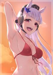  1girl absurdres alternate_costume animal_ears arm_up armpits bikini bow breasts brown_hat commentary_request ear_bow front-tie_bikini_top front-tie_top gold_ship_(umamusume) grey_hair hat highres horse_ears horse_girl long_hair looking_at_viewer medium_breasts navel open_mouth outdoors pillbox_hat purple_bow red_eyes smile solo swimsuit teeth umamusume upper_body upper_teeth_only very_long_hair yu_sakae 