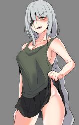  1girl black_dress black_skirt blush breasts camisole clothes_lift collarbone covered_erect_nipples cowboy_shot dress eyepatch girls&#039;_frontline green_camisole green_shirt highres large_breasts long_hair looking_at_viewer m16a1_(boss)_(girls&#039;_frontline) m16a1_(girls&#039;_frontline) no_bra no_panties open_mouth pleated_skirt scar shirt shy simple_background skirt skirt_lift solo terroromnibus v-shaped_eyebrows very_long_hair white_hair yellow_eyes  rating:Sensitive score:9 user:danbooru