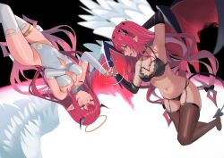  2girls absurdres angel_and_devil angel_wings bare_shoulders black_background black_bra black_halo black_horns black_panties black_sleeves black_thighhighs black_wings blue_eyes bra breasts cleavage cutout_above_navel demon_tail demon_wings dual_persona feathered_wings garter_belt halo heterochromia highleg highleg_leotard highres holding_hands hololive hololive_english horns irys_(hololive) large_breasts leotard multicolored_hair multiple_girls navel panties purple_eyes purple_hair red_hair red_wings rotational_symmetry shift_(shiftillust) star_halo tail thighhighs two-tone_hair underwear virtual_youtuber white_background white_leotard white_sleeves white_thighhighs white_wings wings yellow_halo 