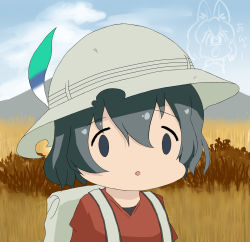  10s 1girl abyaa_face ai_mai_mii animal_ears backpack bag black_hair commentary commentary_request dakappa day face_of_the_people_who_sank_all_their_money_into_the_fx_(meme) hat hat_feather helmet kaban_(kemono_friends) kemono_friends meme parody pith_helmet red_shirt savannah season_connection serval_(kemono_friends) shirt short_hair uchida_aya voice_actor_connection 
