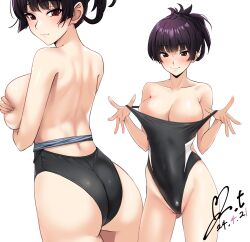 1girl ass back bare_shoulders blunt_bangs blush breasts butt_crack cleavage covering_breasts covering_privates highres kanoe_yuuko large_breasts long_hair looking_at_viewer purple_hair red_eyes school_swimsuit smile solo swimsuit tasogare_otome_x_amnesia teasing yoo_tenchi