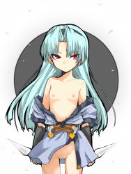  1girl 797 alice_soft blush dagger dual_wielding expressionless flat_chest green_hair hairband holding knife loli long_hair nipples no_bra no_panties parted_bangs pussy rance_(series) red_eyes sengoku_rance shinobu_(rance) solo uncensored undressing weapon 