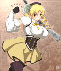 10s 1girl beret blonde_hair breasts brown_thighhighs corset detached_sleeves drill_hair fingerless_gloves flexing gloves gun hair_ornament hairpin hat highres huge_breasts magical_girl mahou_shoujo_madoka_magica mahou_shoujo_madoka_magica_(anime) muscular muscular_female pleated_skirt puffy_sleeves ren_(tainca2000) rifle skirt smile solo striped_clothes striped_thighhighs thighhighs tomoe_mami twin_drills twintails vertical-striped_clothes vertical-striped_thighhighs weapon wide_hips yellow_eyes rating:Sensitive score:18 user:danbooru