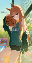  1girl absurdres against_fence alternate_costume animal_ears aqua_eyes ball bare_shoulders basketball basketball_(object) black_jacket black_shorts blurry blurry_background chain-link_fence closed_mouth clothes_writing commentary_request dolphin_shorts evening fence from_side green_shirt highres holding holding_ball horse_ears horse_girl jacket light_blush long_hair looking_at_viewer ningen_gokko off_shoulder orange_hair outdoors shirt short_shorts shorts silence_suzuka_(umamusume) sleeveless sleeveless_shirt umamusume 