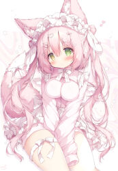  1girl :| animal_ear_fluff animal_ears back_bow blunt_bangs blush bow breasts closed_mouth commentary_request dress floppy_ears fox_ears fox_girl fox_tail frilled_dress frills furrowed_brow green_eyes hair_between_eyes hair_ornament hair_ribbon hairclip head_tilt heart heart_hair_ornament highres impossible_clothes impossible_shirt jersey_maid large_breasts light_blush long_hair looking_at_viewer maid medium_breasts mini_wings momozu_komamochi neck_ribbon no_nose original pink_hair pink_ribbon pink_theme rabbit_ears ribbon shirt shorts_under_dress sleeves_past_fingers sleeves_past_wrists solo star_(symbol) tail tail_ornament tail_ribbon thigh_strap thighs unconventional_maid v_arms very_long_hair white_background white_headdress wings zipper zipper_pull_tab 